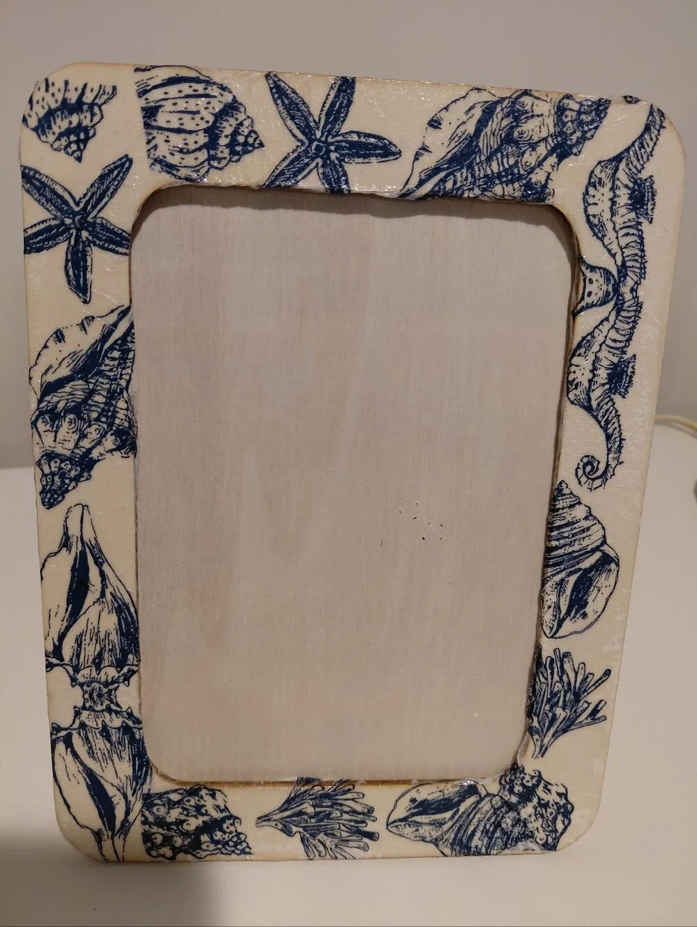 Seashell Coastal Picture Frame - Blue on Cream Decoupaged